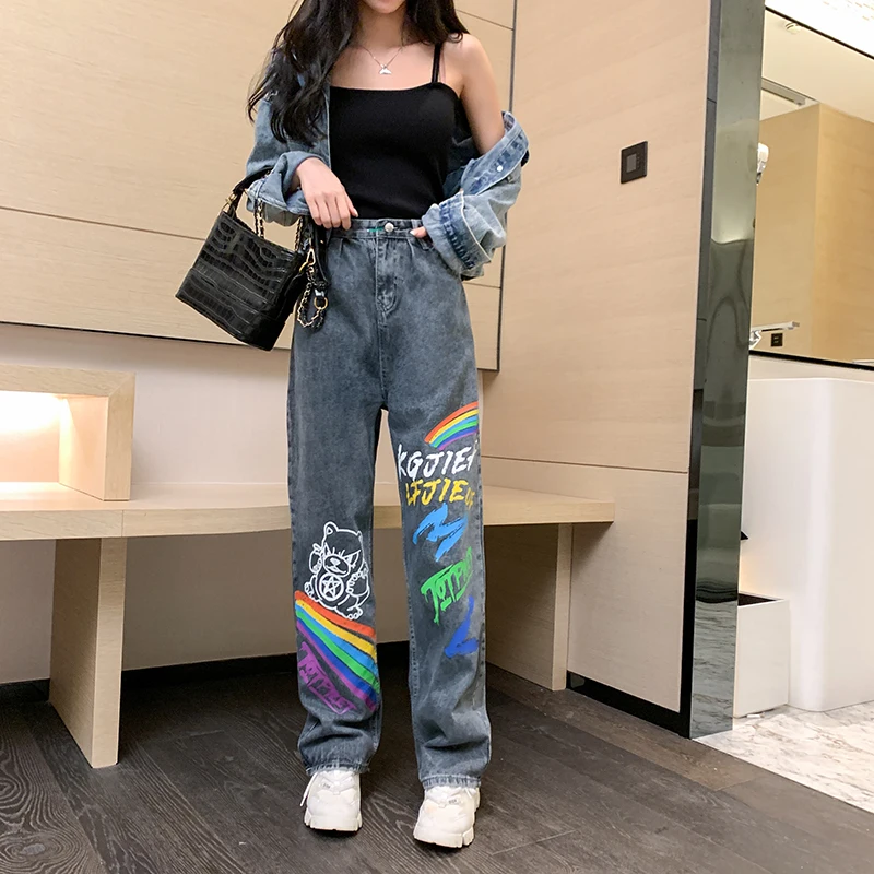 

Women Vintage Pantalon Contrast Color Jeans Fashion Y2K Loose Denim Wide Leg Pants Female Sweetpants Plus Size Trousers P040