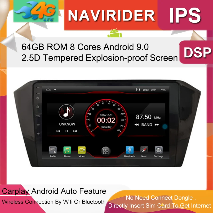 Автомобильный мультимедийный плеер 10,2 дюймов ips экран монитор gps магнитофон Bluetooth Android 9,0 для V W PASSAT B8- Авто Аудио