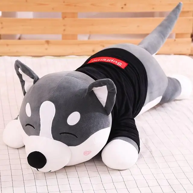 1 New Lovely Funny Dressed Husky Stuffed Doll Stripe Sweater Soft Husky Lying Plush Toy Grey/Black Dog Animals Kids Birthday Gift - Цвет: 1