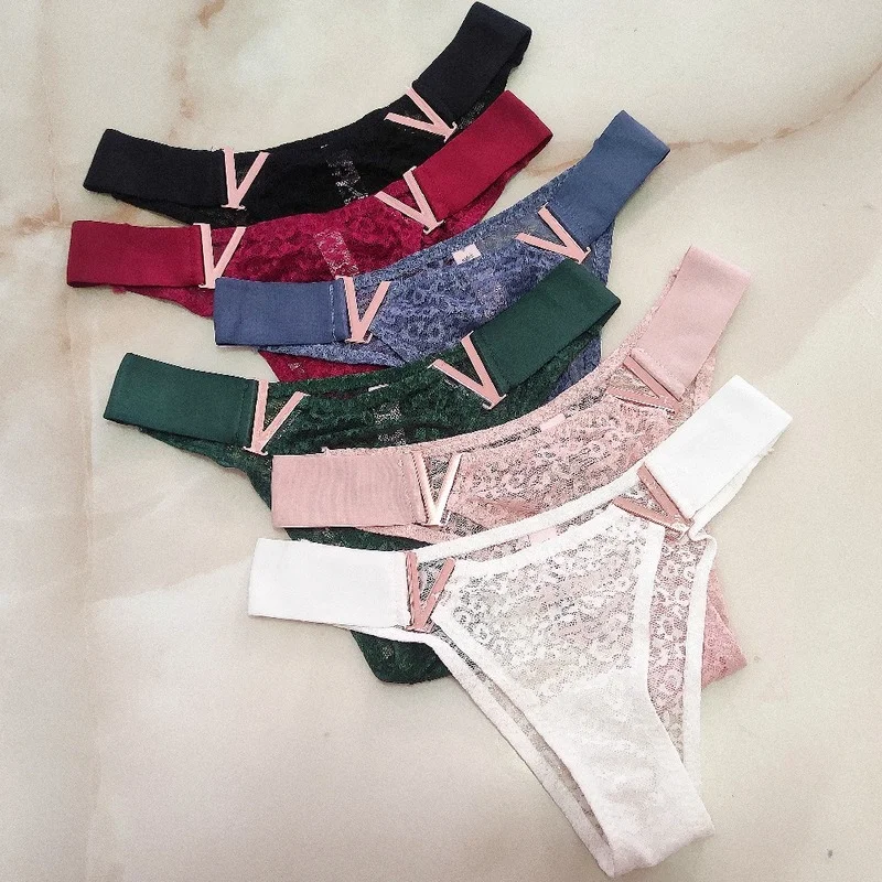 

Fashion Sexy V-Shaped Metal Decoration Underwear Sports Hip Lifting Low-Rise Solid Color Lace Briefs Panties Women Sexy Lingerie