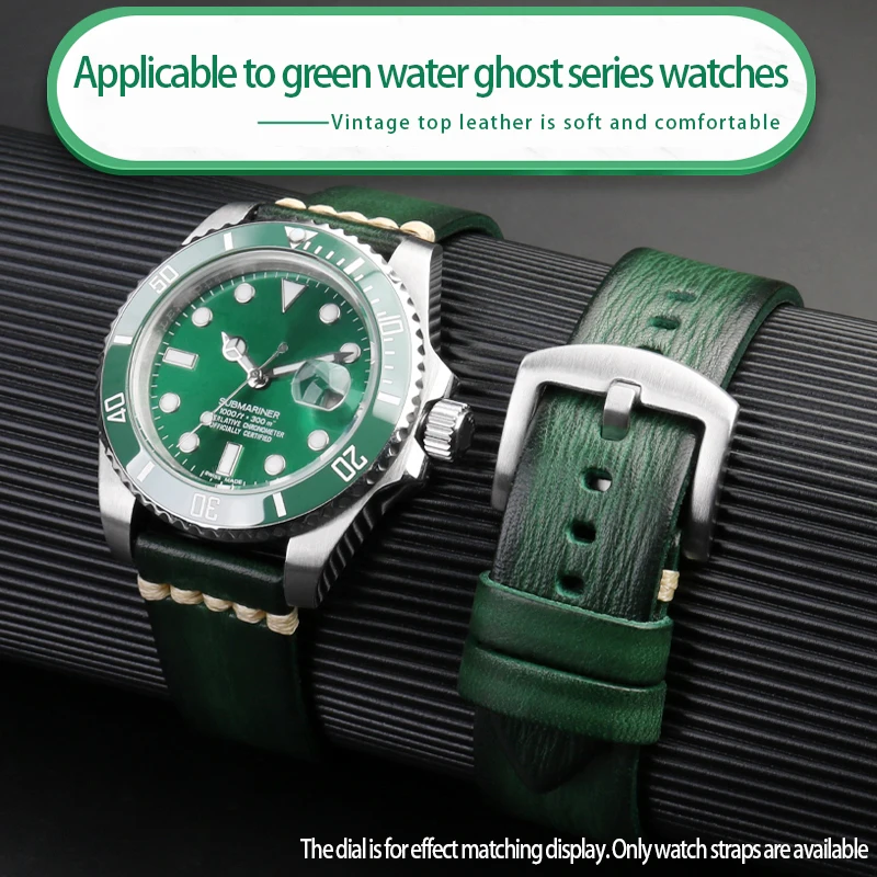 

Vintage Handmade Leather Strap suitable for Rolex Seiko Green Water Ghost Leather Bracelet Xitie city men's watch chain 20 22mm