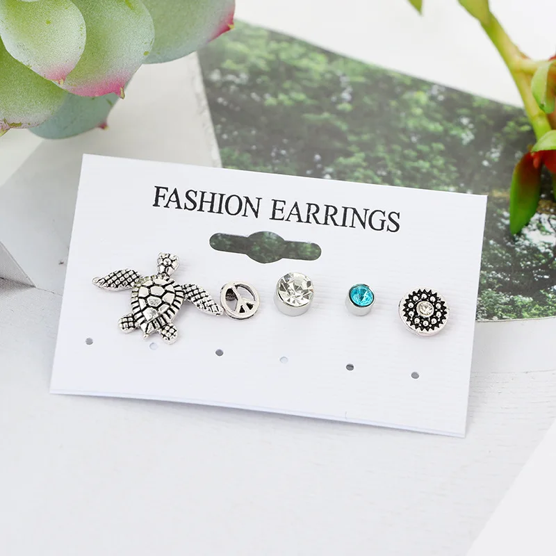 

6 Pcs Sub Vintage Carved Turtle Turtle Geometry Stud Earrings