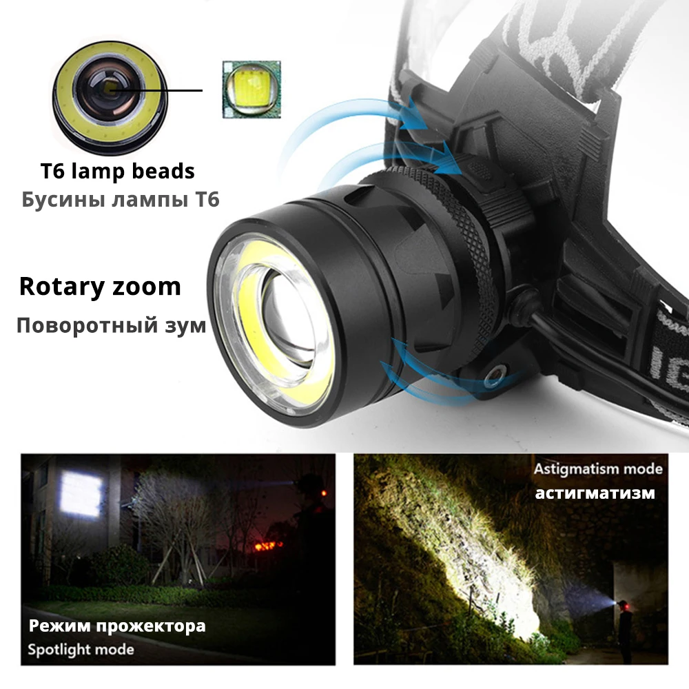 

Super Bright LED Headlamp 4 Light Modes T6 + COB Headlight Waterproof Rotating Zoom Fishing Camping Light Use 2*18650 Battery