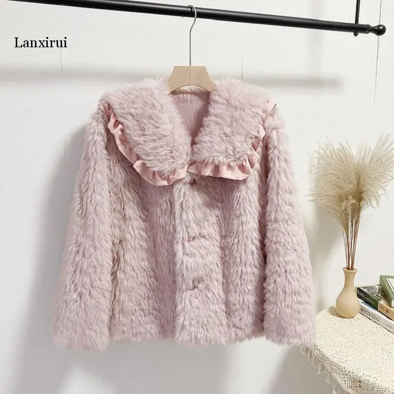 Women's Warm Faux Wool Fur Coat Female Big Laple Navy Style Collar Girls New Warm Fluff Jacket Autumn Winter