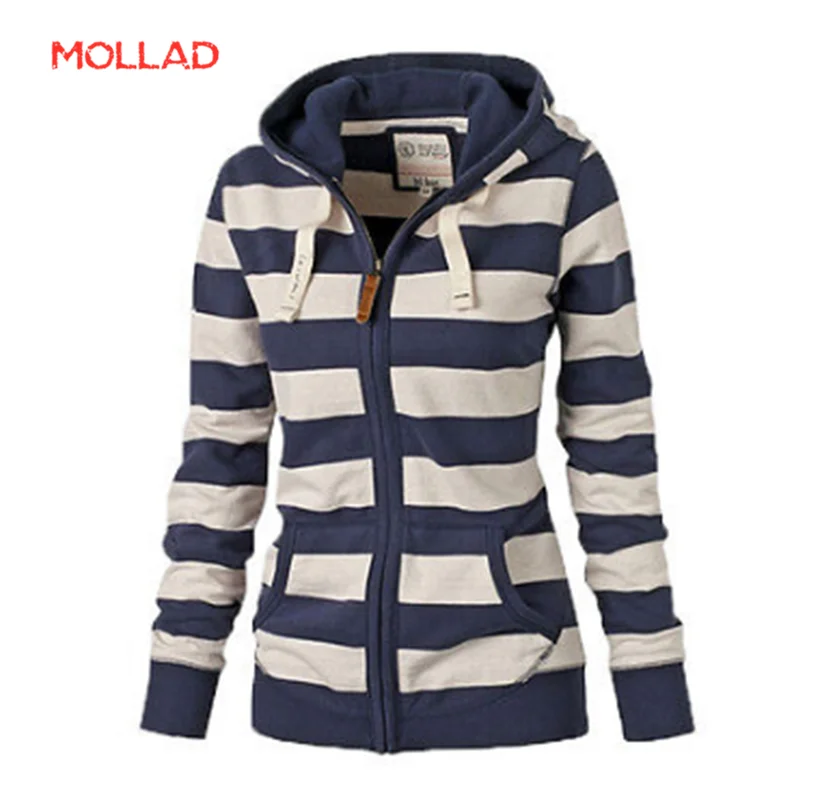 

MOLLAD Autumn women stripes zipper hoodies long sleeve sweatershirt