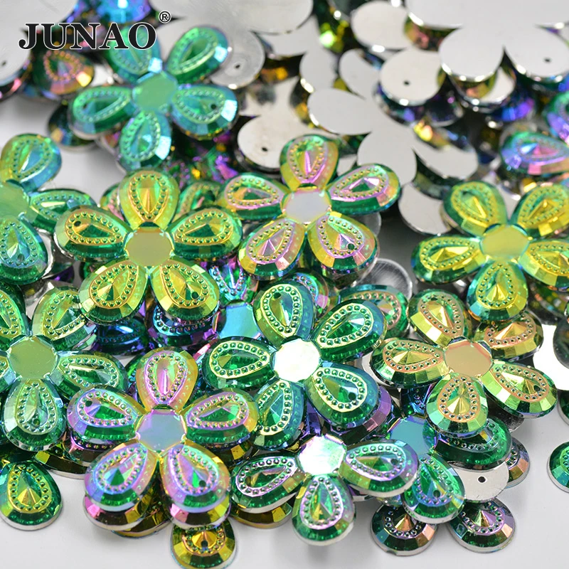 

JUNAO 30mm Big Size Sewing Green AB Flower Rhinestones Flatback Crystals Sew On Strass Beads Acrylic Stones For Clothes Crafts