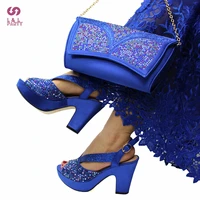 mature style ins hot sale italian ladies shoes matching bag in royal blue color elegant women comfortable heels sandals