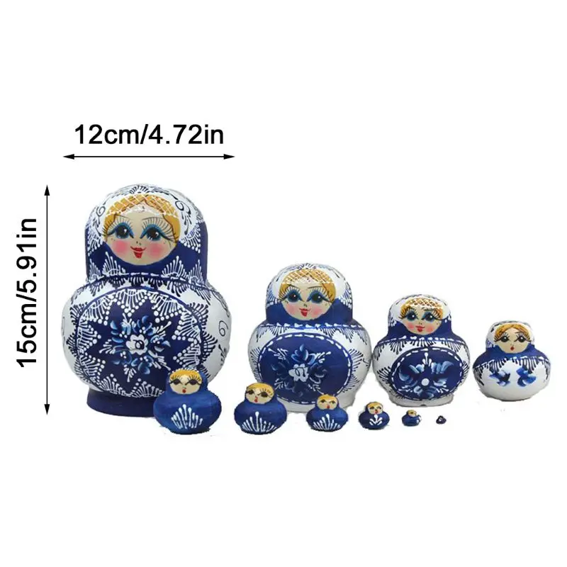 

10pcs/set Linden Wood Painted Russian Matryoshka Blue and White Porcelain Pot-bellied Doll DIY Nesting Stackable Dolls