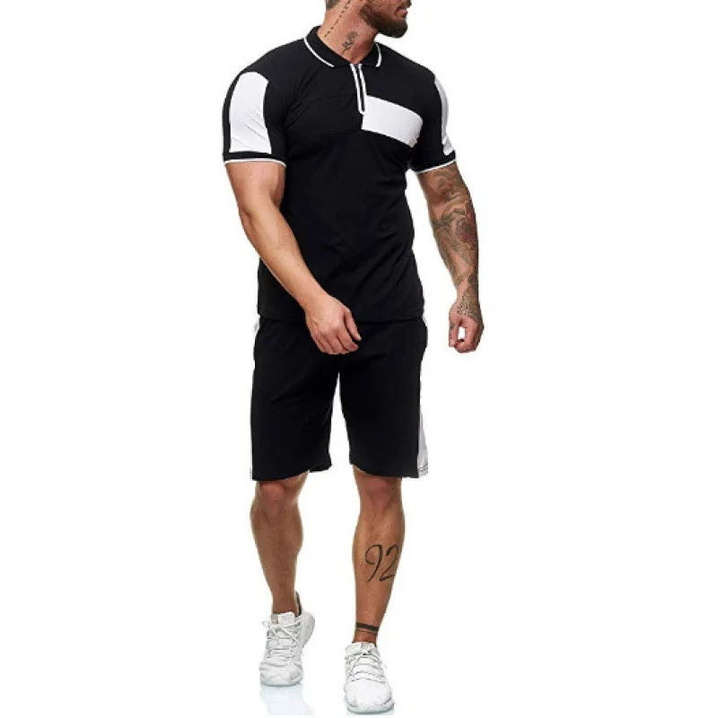 

2021 Men's Summer Leisure Sports Color Stitching Shirt Shorts Two-piece Outdoor Fitness Cropped Top Cotton T-shirt Breathable