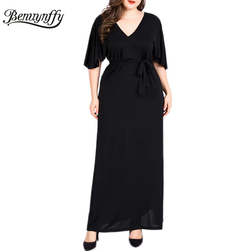 

GIBSIE 6xl Surplice Neck Short Sleeve Dress Women Black Elegant Summer Long Maxi Dresses Plus Size Belted Fit and Flare Dress