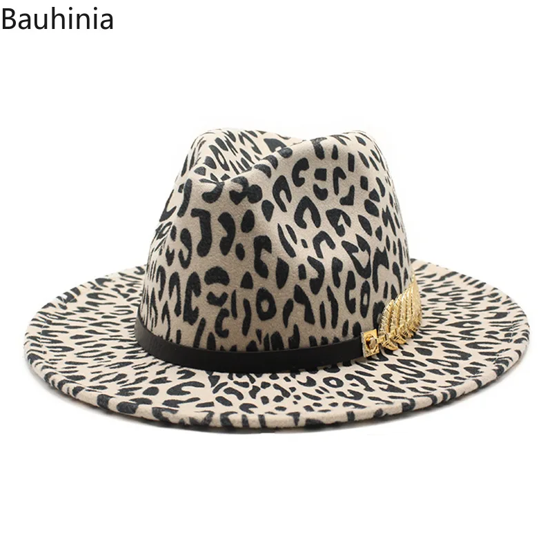 

Bauhinia Autumn Winter Fashion Unisex Leopard Print Wide Brim Fedora Jazz Hat For Men Leopard Goth Top Vintage Wedding Hats
