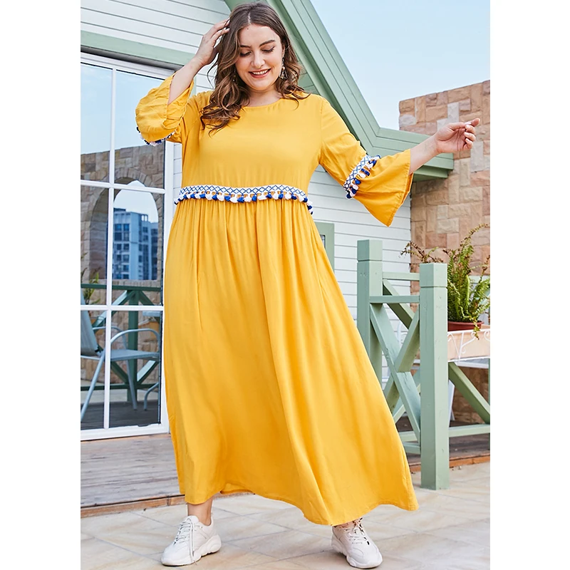 

KALENMOS Plus Size Women Long dress Yellow Sweet Ribbon Tassel Pacthwork Loose Maxi Dresses Arab Brief Solid O Neck Wrist Sleeve