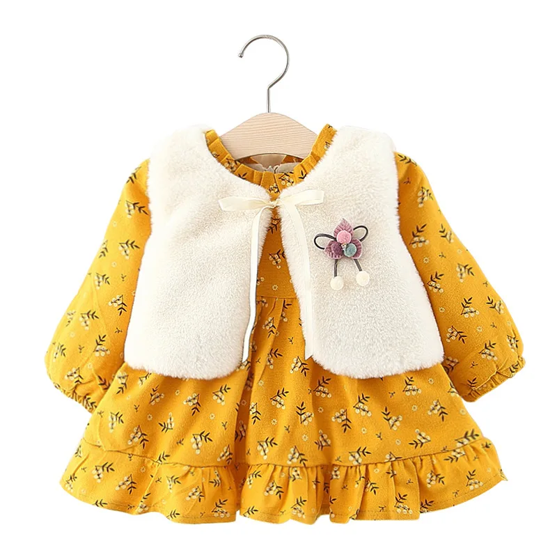 Бархатное платье с жилетом и цветочным рисунком для девочек детская одежда