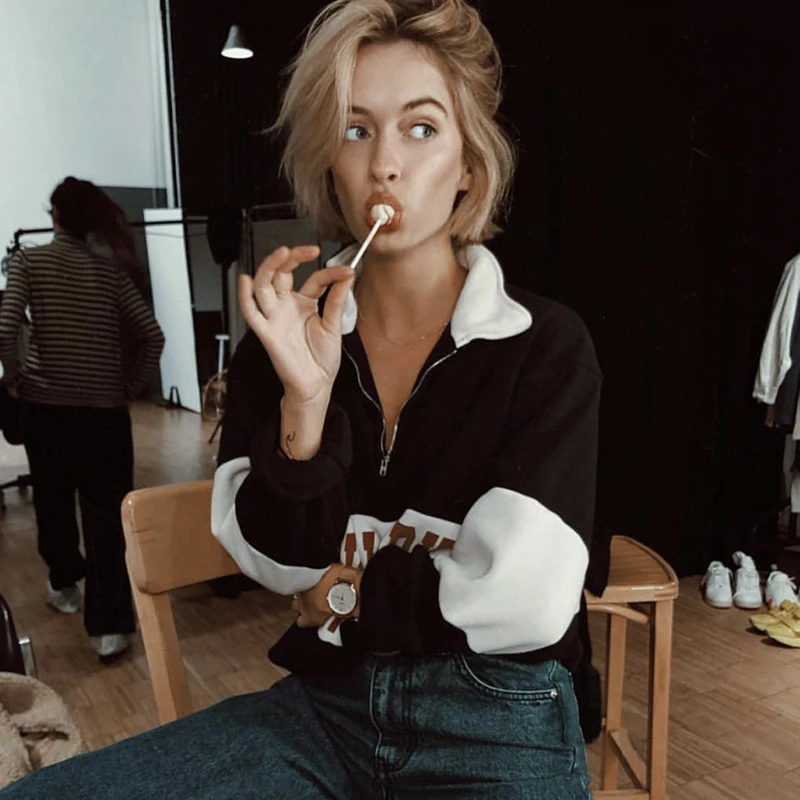 

Zip Up Turtleneck Letter Print America Vintage Sweatshirt Women Teens Oversized Pullovers 2020 Autumn New Fashion Female Clothes