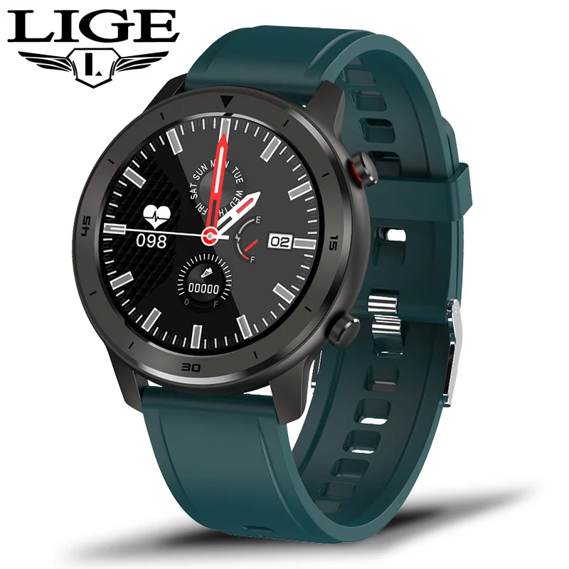 green Reloj inteligente LIGE, водонепроницаемые Смарт-часы для мужчин, монитор сердечного ритма, кровяного давления, полный сенсорный экран, музыкальный контроль, умные часы - Цвет: green