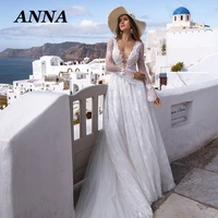 anna beauty wedding dress 2022 sexy v neck long sleeve beach party bridal gown a line train vestido de noiva civil girl clothes