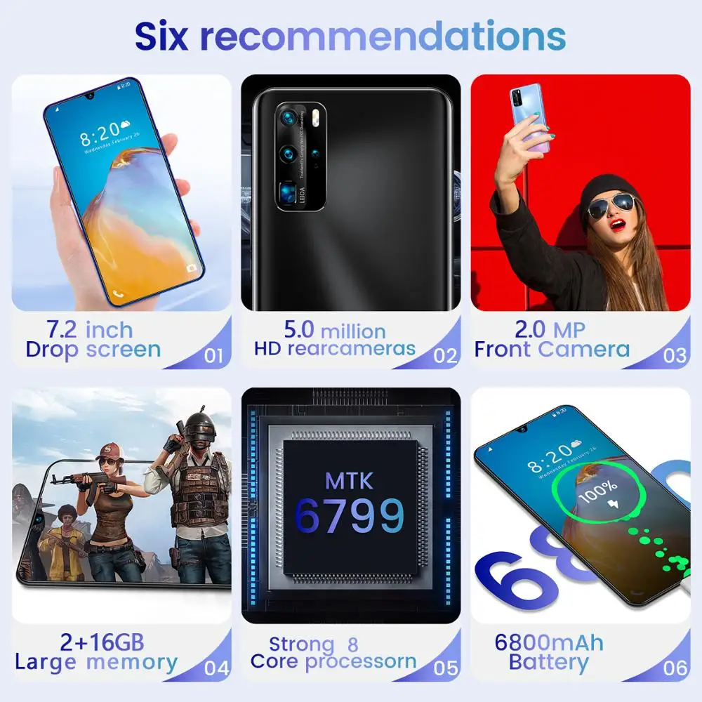 

Global Version SHIQIANG P40 Pro+ Mobile Phone Android 7.2inch 6800mAh Face Unlocked Cell phones 5MP Camera 2 SIM Card Smartphone