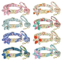 free engraved dog collar and leash set personalized nylon pet flower collars walking lead rope with id tag flower accessories