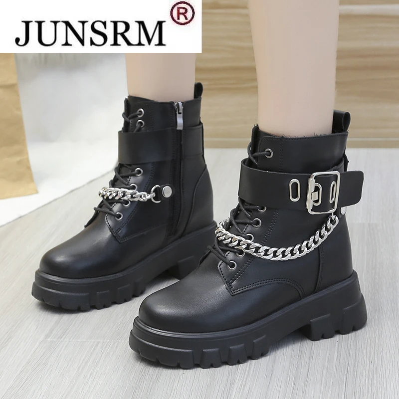 

New Women Buckle Bare Boots 2022 Autumn Winter Keep Warm Fashion Chain Lace-up Side Zipper Comfortable Platform Martin Boots