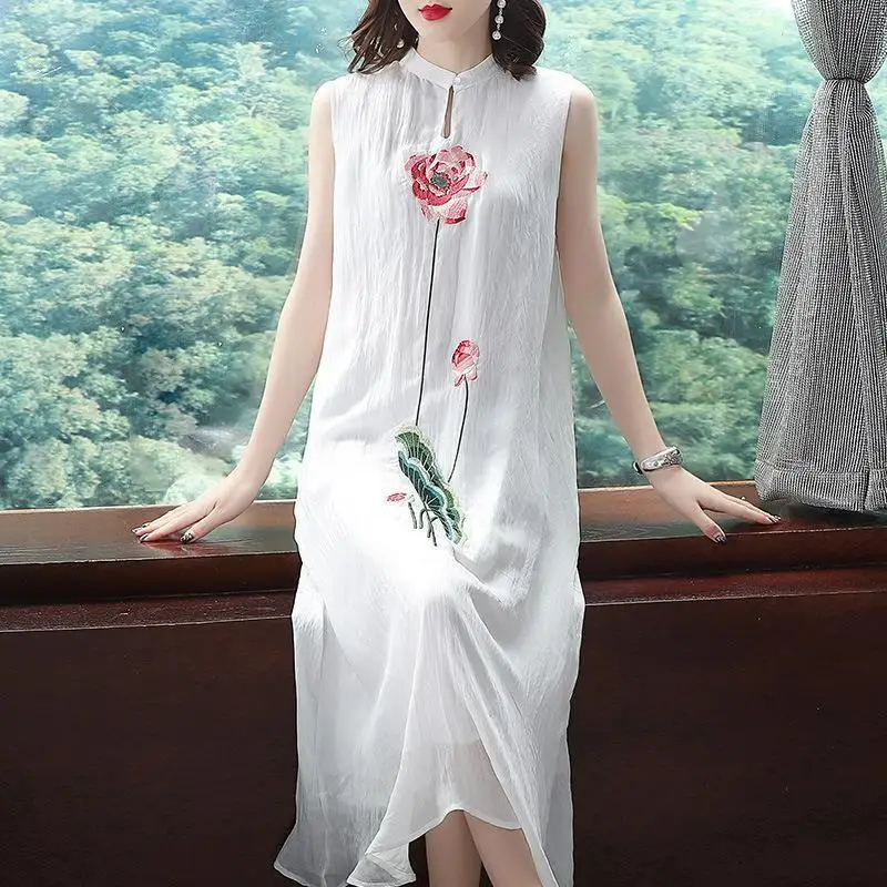 

Chinese Style Embroidery Noble Lady Cheongsam Striped Sleeveless Vest Chiffon Dress 2021 Summer New Vestido Vfemage Kadife Elbis