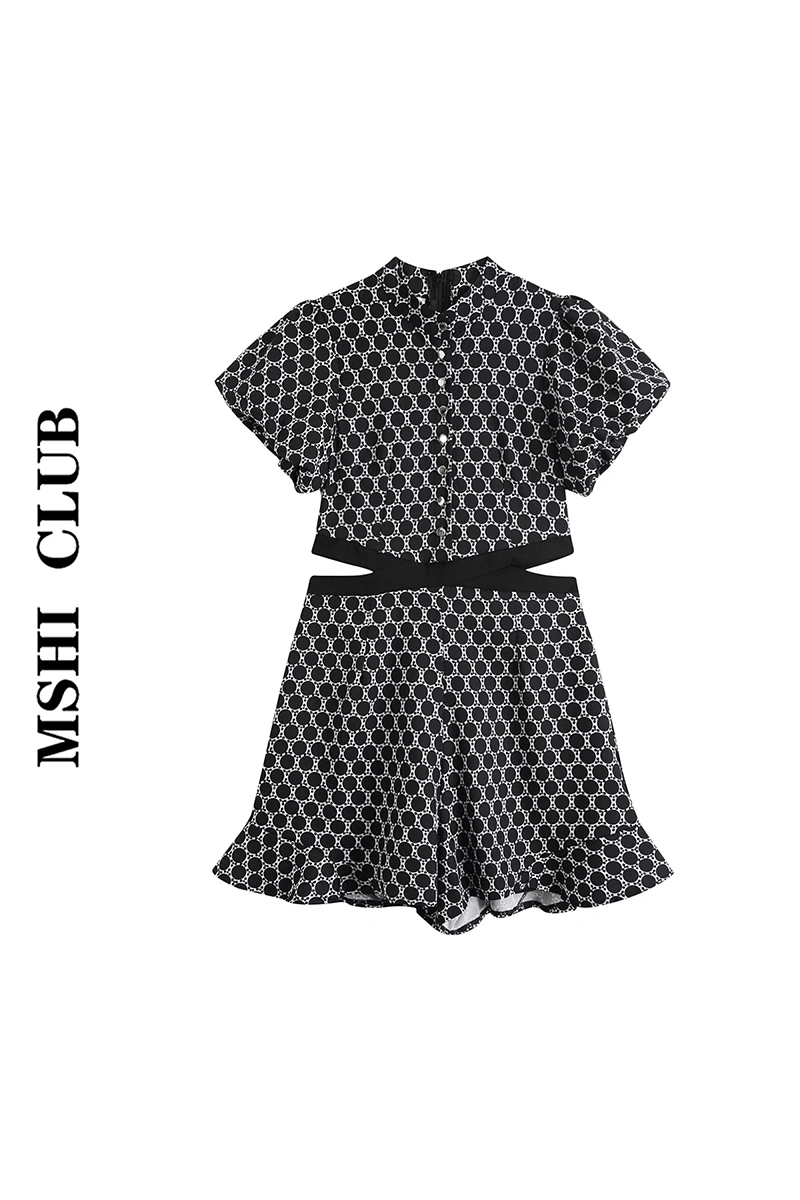 

Fashion cut-out waist Jumpsuit women's Design Summer Style Bubble Sleeve Jumpsuit wide leg shorts