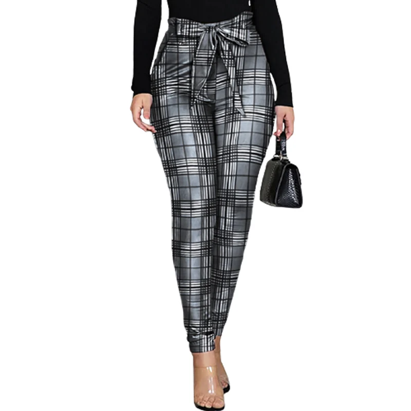 

2021 Plaid Print Pencil Pants Women Casual Slim Bow Bandage High Waist Ladies Streetwear Leopard Print Trouser