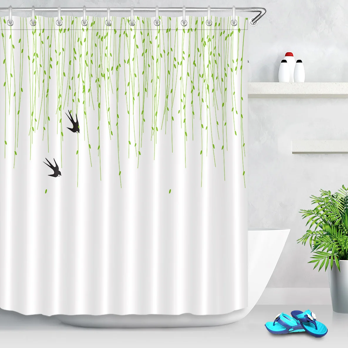 Простая Весенняя занавеска для душа s зеленая ива листья Ласточка Птица ванной