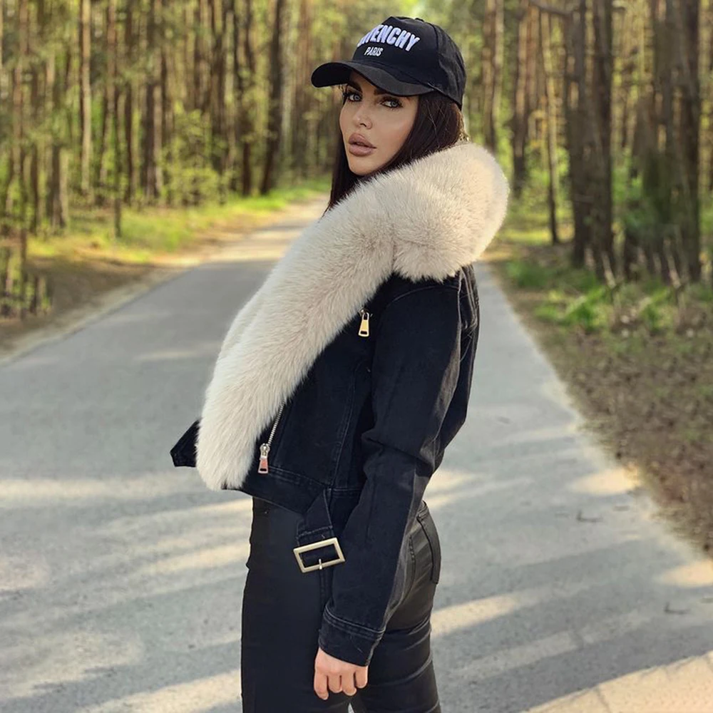BFFUR Real Fur Coats Women Winter 2022 New Denim Jacket With Big Fox Fur Trun-down Collar Overcoats Luxury Natural Fur Outwear