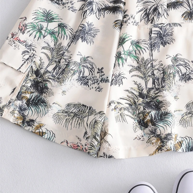

YOSIBCD Women 2021 Chic Fashion Trees Print Side Pockets Shorts Vintage High Wasit Zipper Fly Female Short Pants Pantalones