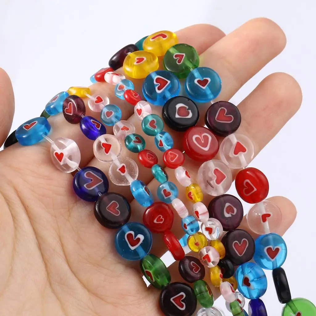 

6mm 8mm 10mm Lampwork Glass Millefiori Beads Flat Round At Random Color Heart Loose Beads DIY Making Bracelets Jewelry,1Strand