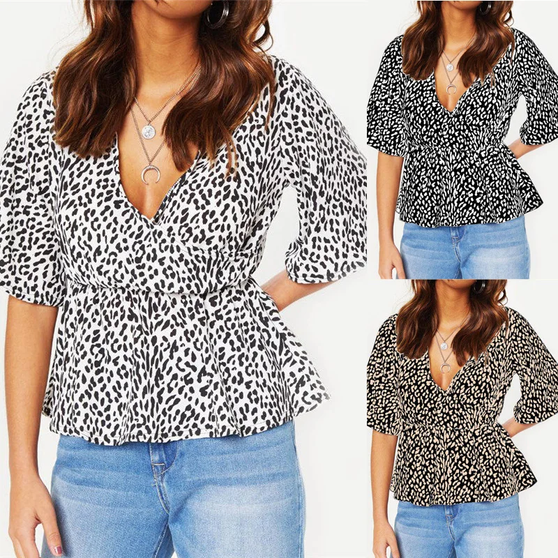 

Summer Womer Chiffon Blouse Short Sleeve Leopard Print Blouse V-neck Lady Office Shirt Tunic Casual Loose Lady Tops