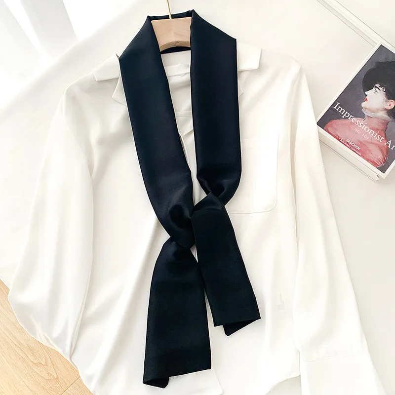 

2021 New Spring Summer Women Scarf Small Size Long Plain Soft Silk Scarves Wrap Neckerchief Office Lady Scarves Foulard Shawls