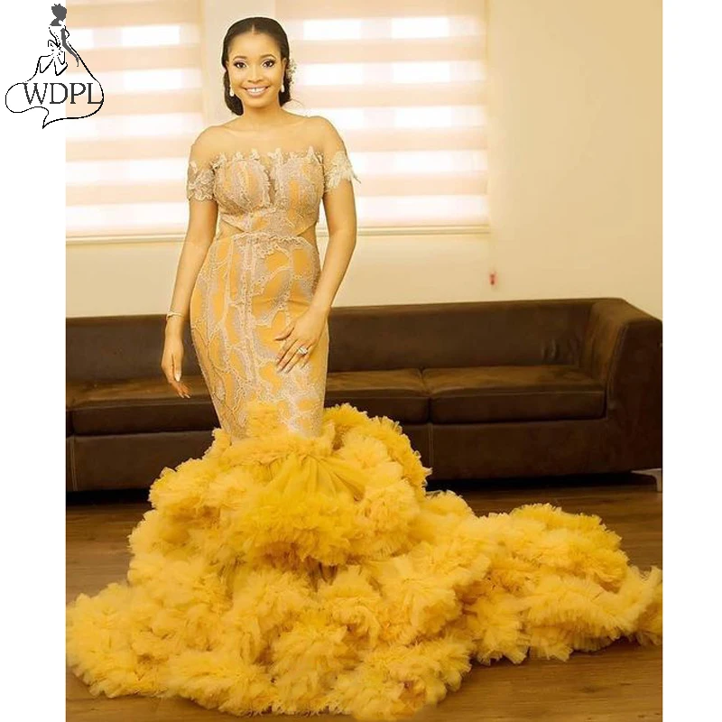 Элегантное кружевное вечернее платье-Русалка 2019 золотое желтое Африканское
