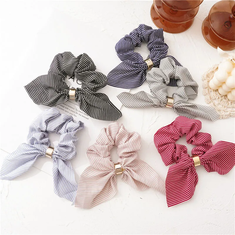 

With Metal Buckle Bunny Ear Cute Scrunchies Hair Bands Elastic 1Pcs Striped Ponytail Holder Fashion Hair Accessories