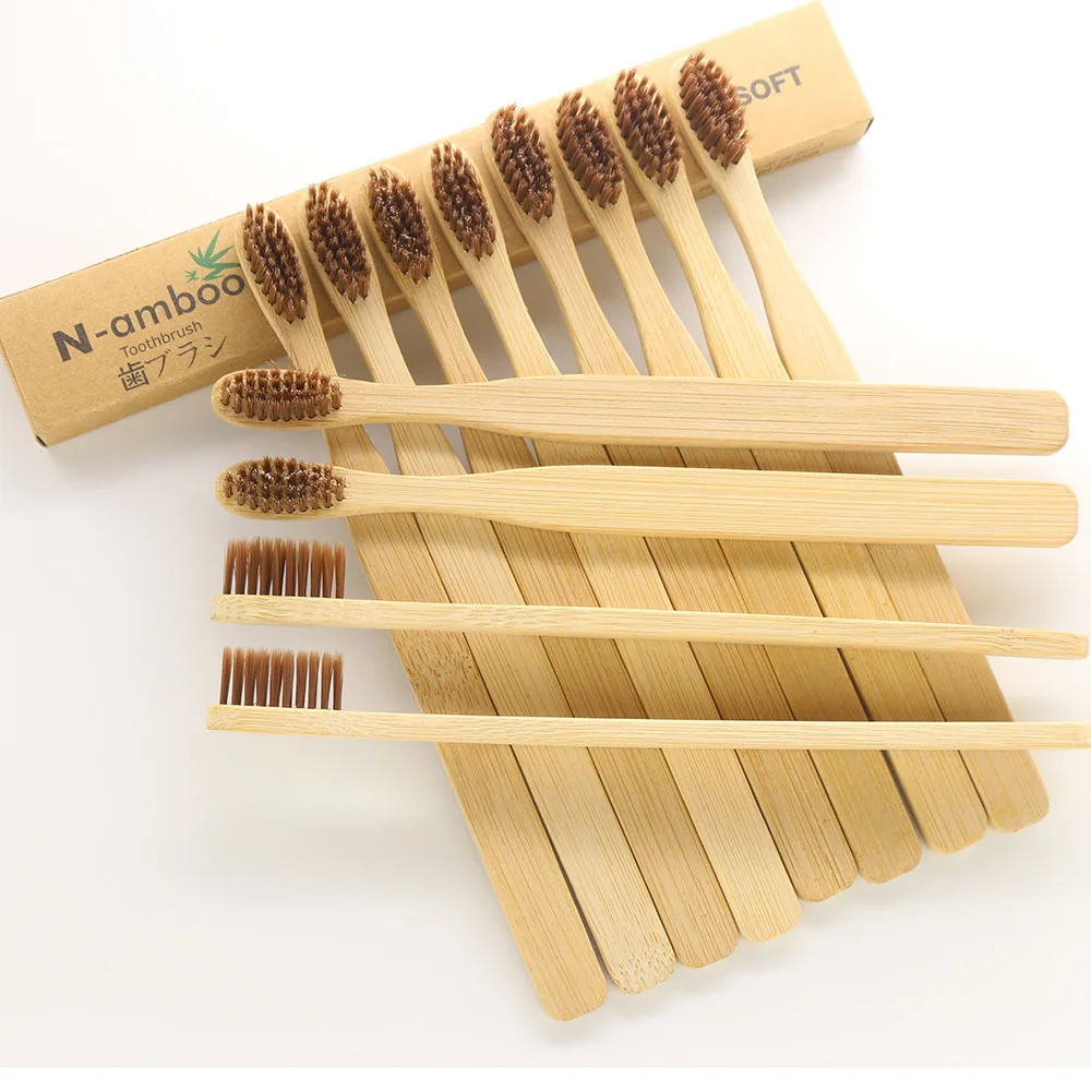 Paquete de 12 cepillos de dientes de bambú para adultos, cerdas suaves, fibra de bambú, mango de madera