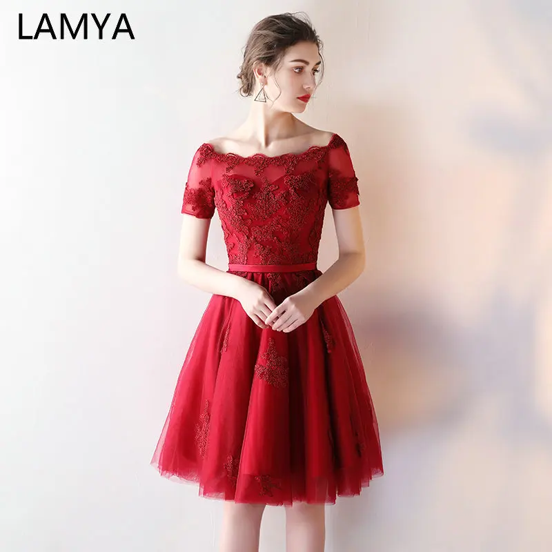 

LAMYA Elegant Short Lace Sleeve Evening Party Dresses Cheap A Prom Dress 2022 Simple Customized vestido de festa