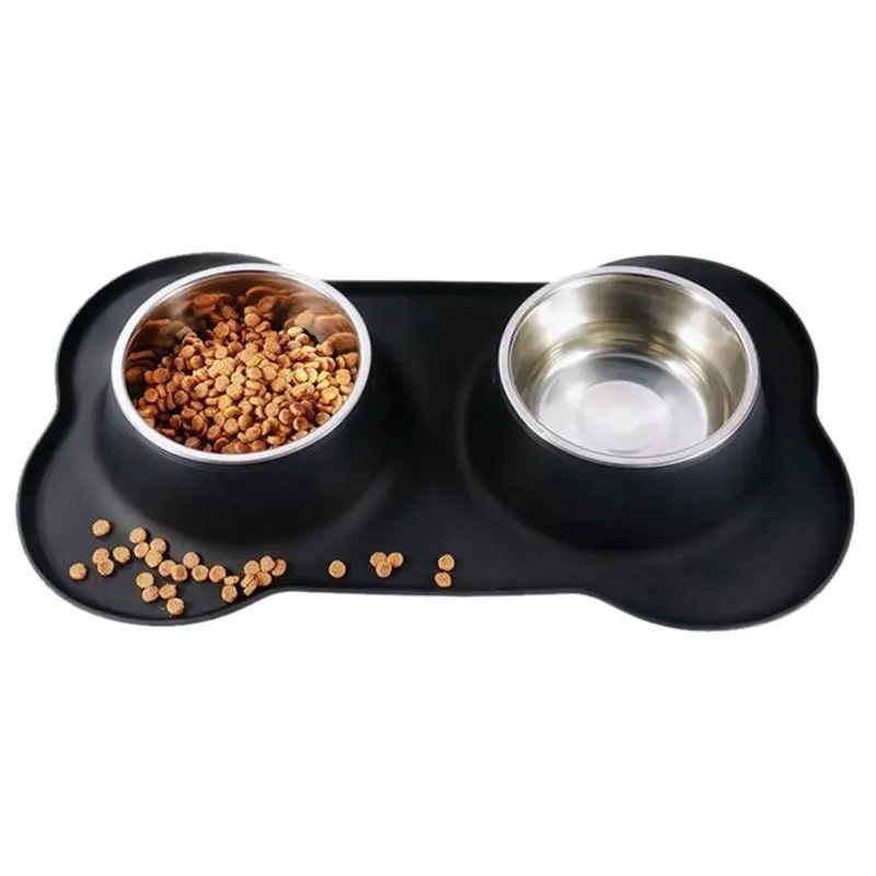 Stainless Steel Double Dog Bowl Travel Feeding Water Non-Skid Silicone Mat For Pet Cat Puppy Food Dish | Дом и сад