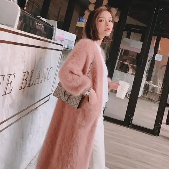 Осенне-зимняя женская Ангорская кофта с кроликами, длинный свитер, свободный, модный, с жемчужным карманом на пуговицах, очень плотный, сохраняющий тепло, wsr685