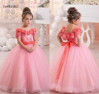 princess new arrival pink off shoulder flower girls dresses flower beaded short sleeves bow kids toddler girls pageant gowns
