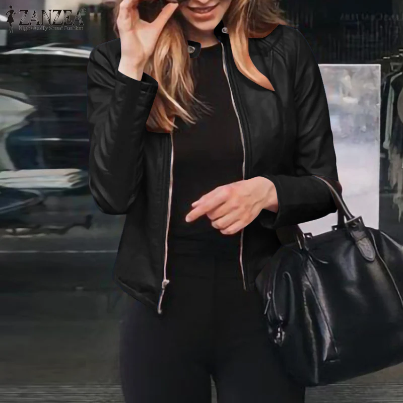 

ZANZEA Slim Work Blouse 2021 Fashion Long Sleeve PU Jackets Women Casual O Neck Office OL Coats Autumn Elegant Leather Overcoats