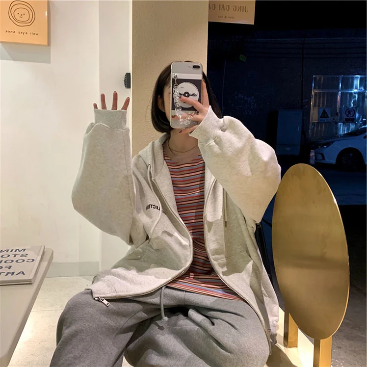 Винтажные толстовки на молнии женская модная Корейская куртка с капюшоном