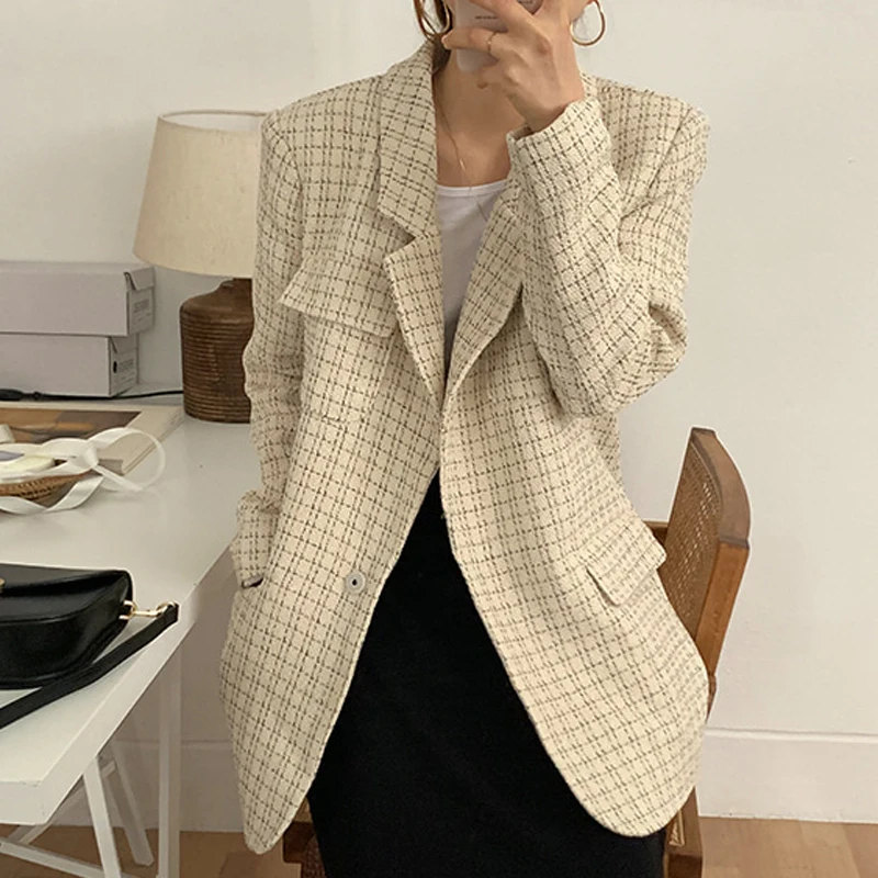 Mozuleva Vintage Chic Plaid Suit Jackets Female Elegant Notched Collar Loose Grid Women Blazers 2020 Spring Outerwear | Женская одежда