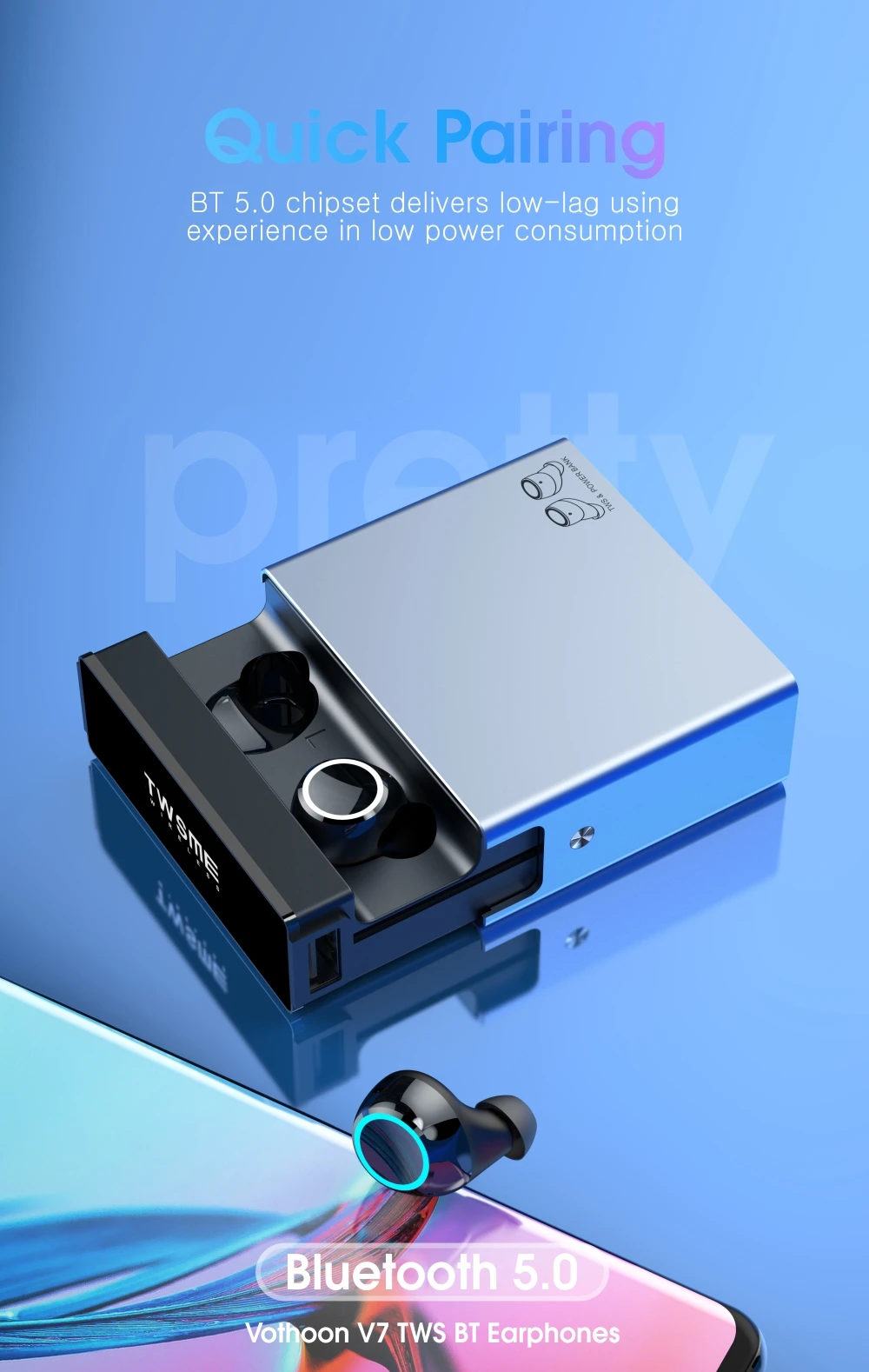 Votoon TWS настоящие беспроводные наушники Bluetooth V5.0, наушники, Спортивная гарнитура, наушники с управлением ии, 2500 мА/ч, светодиодный, умный внешний аккумулятор