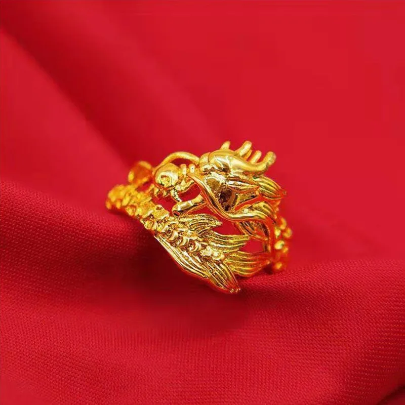 Кольцо мужское и женское в китайском стиле регулируемое желтого цвета с драконом