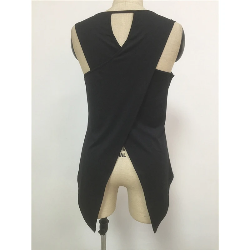 

Bigsweety Summer Sexy Sleeveless Back Cross Irregular Slim TShirt Female Tops Tees Black Women T-shirt High Quality