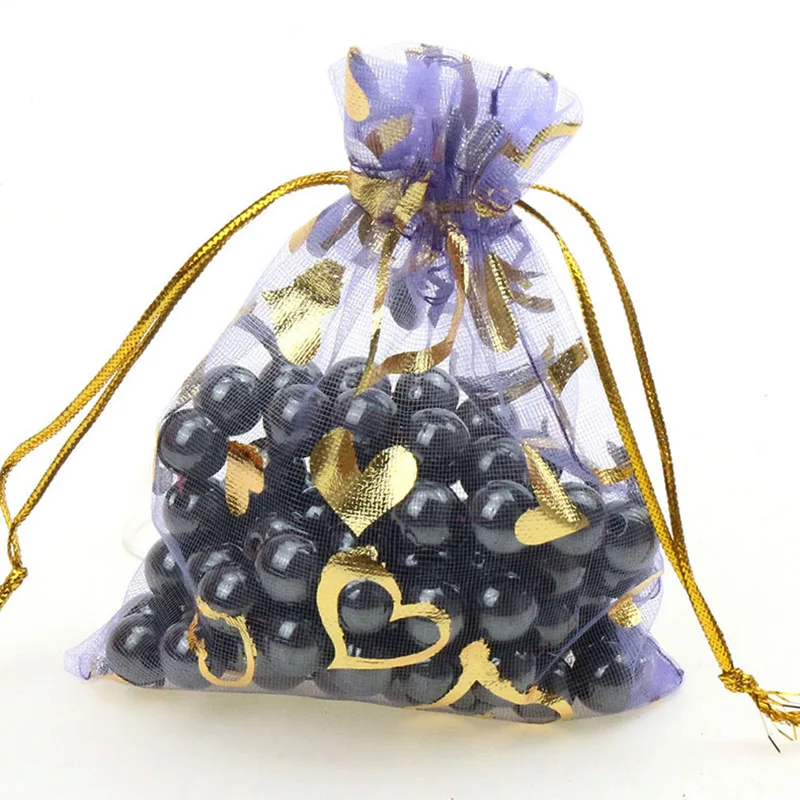 purple gold heart 100 шт./лот 7X9 см X 9 см X 12 см 11X16 см 13X18 см золотое любовное сердце роза свадебная сумочка из органзы из тонкой прозрачной ткани, подарок на Рождество, спальные мешки для упаковки ювелирных изделий - Цвет: purple gold heart