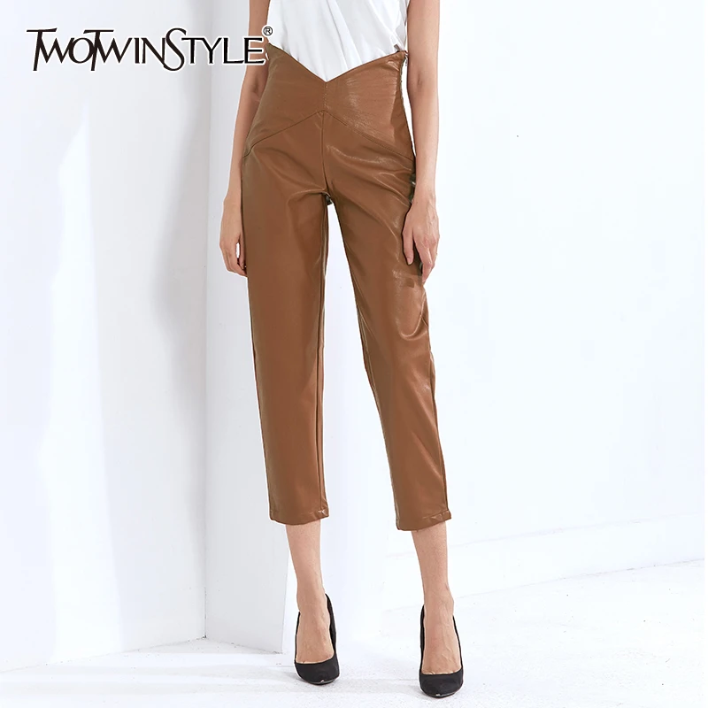 

TWOTWINSTYLE, необычные женские штаны из искусственной кожи, с высокой талией, свободные, минималистичные, для женщин, прямые штаны, 2022, модные, вес...