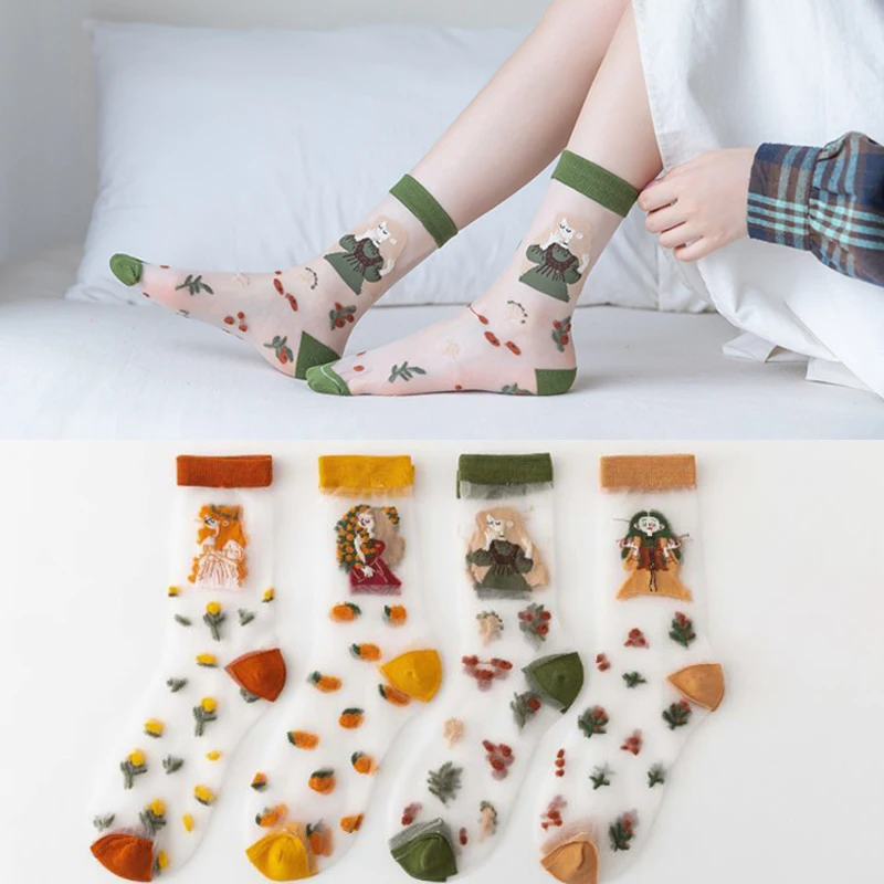 

Fashion Thin Glasssilk Socks Japanese Style Retro Cartoon Girl Portrait Silk Sox Funny Fruit Grass Happy Breathable Women Sock