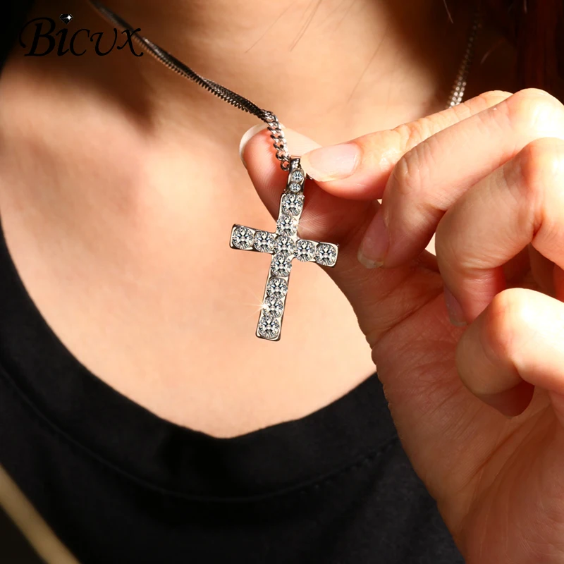 

BICUX New Fashion Cross Necklaces for Women Men Christian Gold Black Silver Color Crystal Necklace Metal Necklace Jewellery