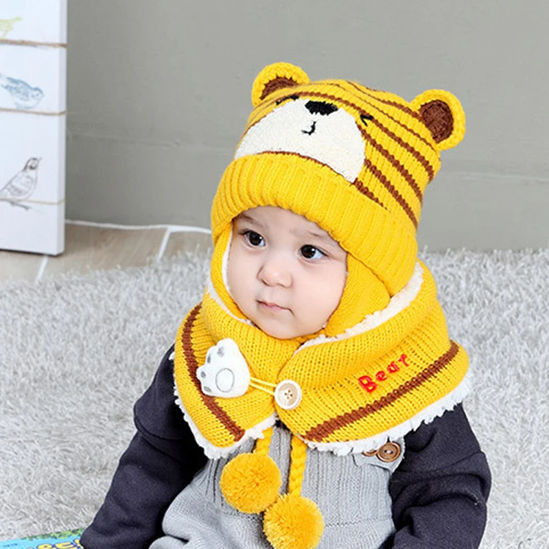 Loozykit 2 pcs Warm Hat Suit Baby Boy Girls Thermal Knitted Cartoon Bear Hat Scarf Toddler Winter Fleece Cap Set